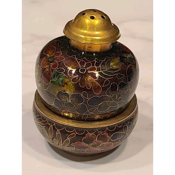 Cloisonné Open Salt Bowl Cellar Pepper Shaker Brown Flower Enamel Brass Stacking - Picture 1 of 8
